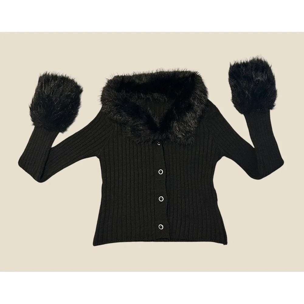 Shein Black Ribbed Knit Cardigan Faux Fur Collar and Cuffs Y2K Top 1474